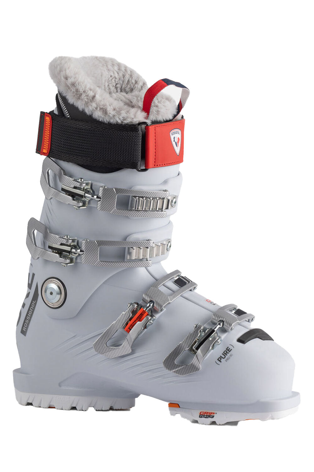 white ski boot with red, black and silver accents
