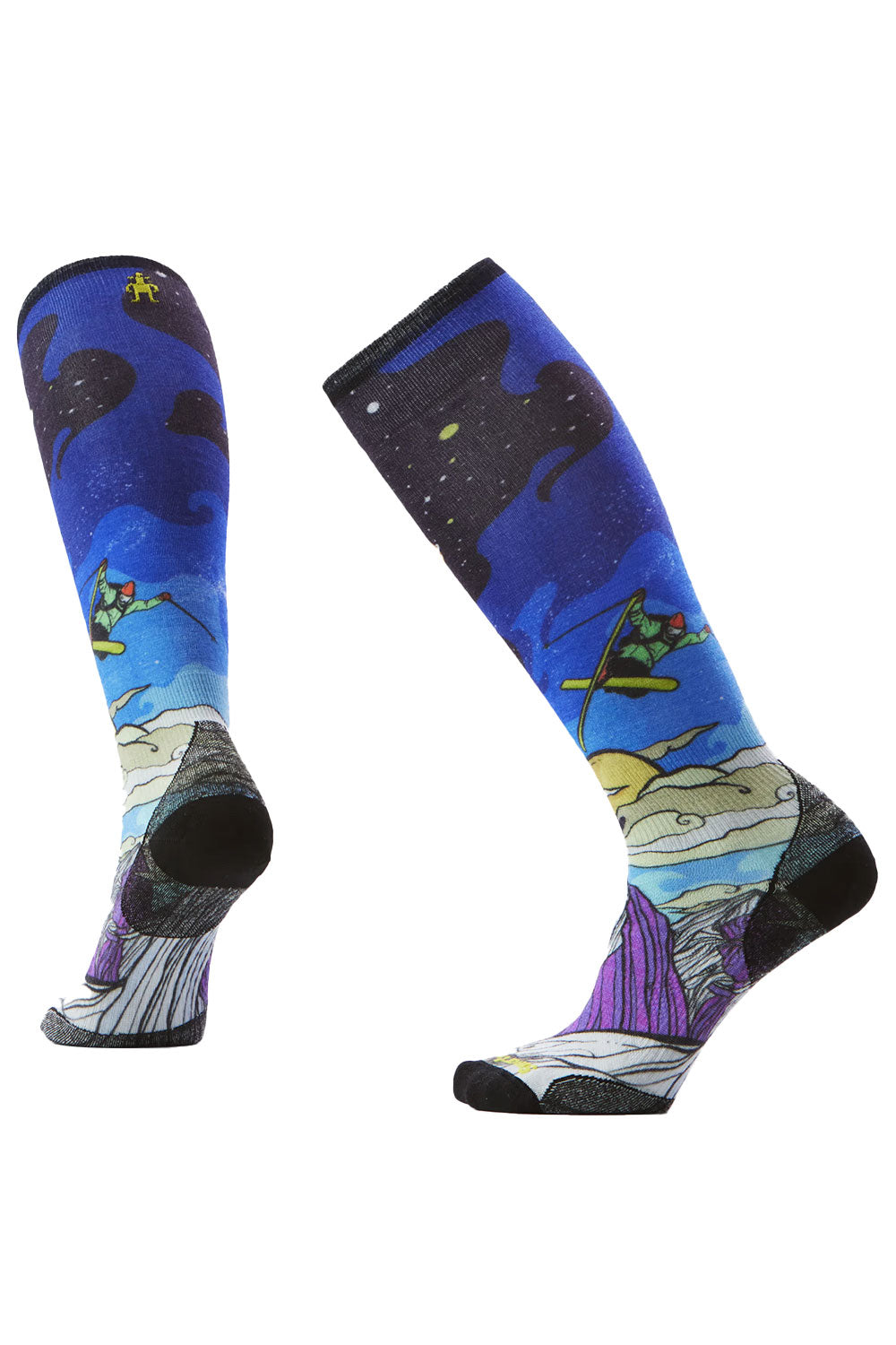 Colorful knee-high socks with a mountain and starry sky design on a white background