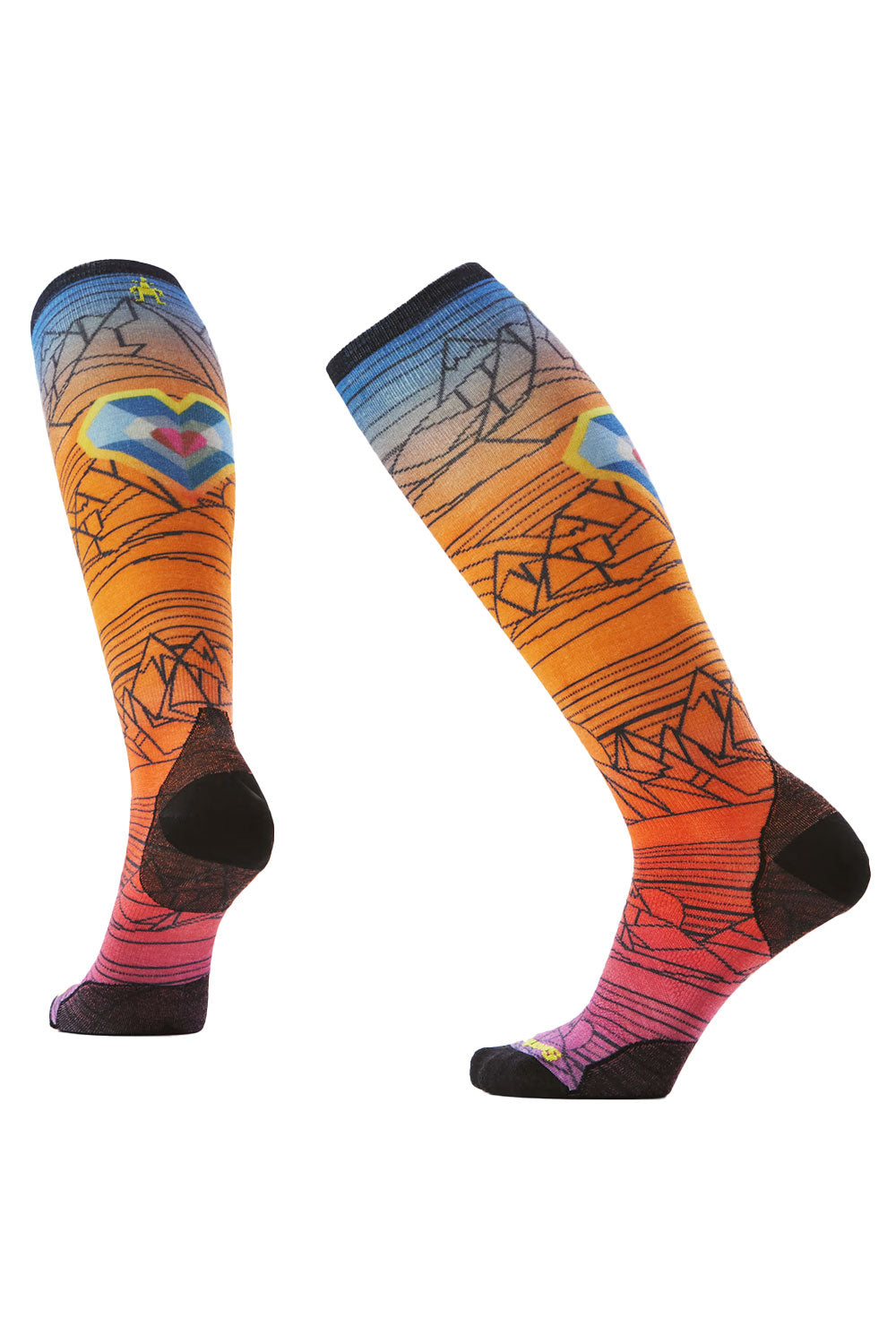 Colorful knee-high socks with abstract designs on a white background