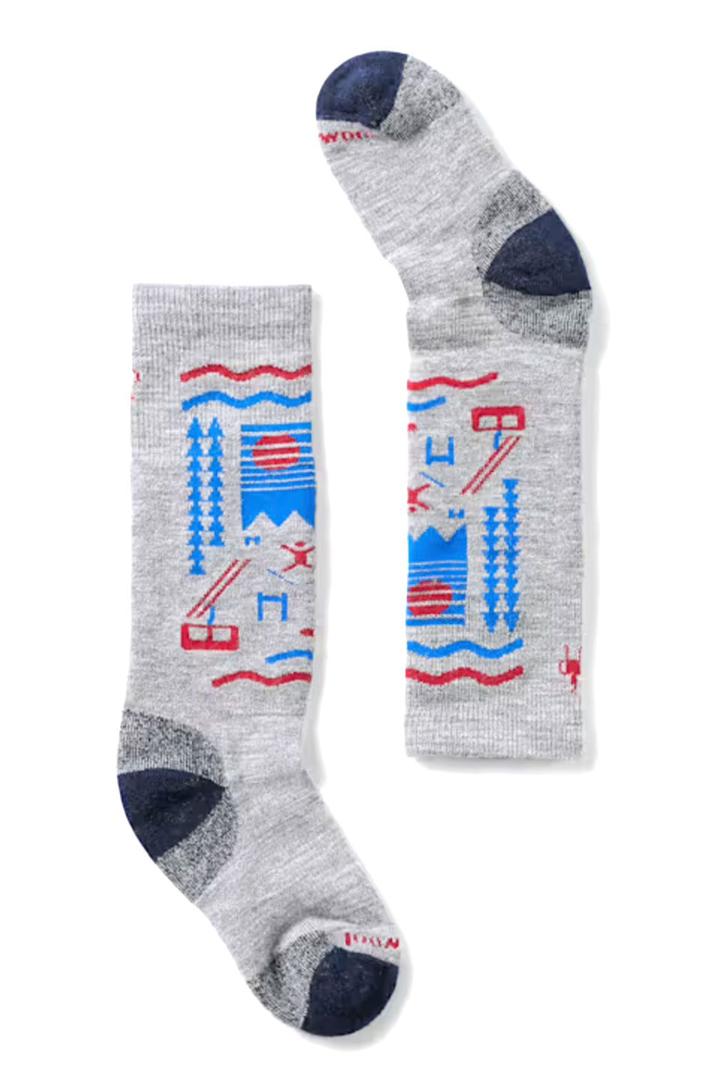 Gray socks with colorful geometric patterns on a white background