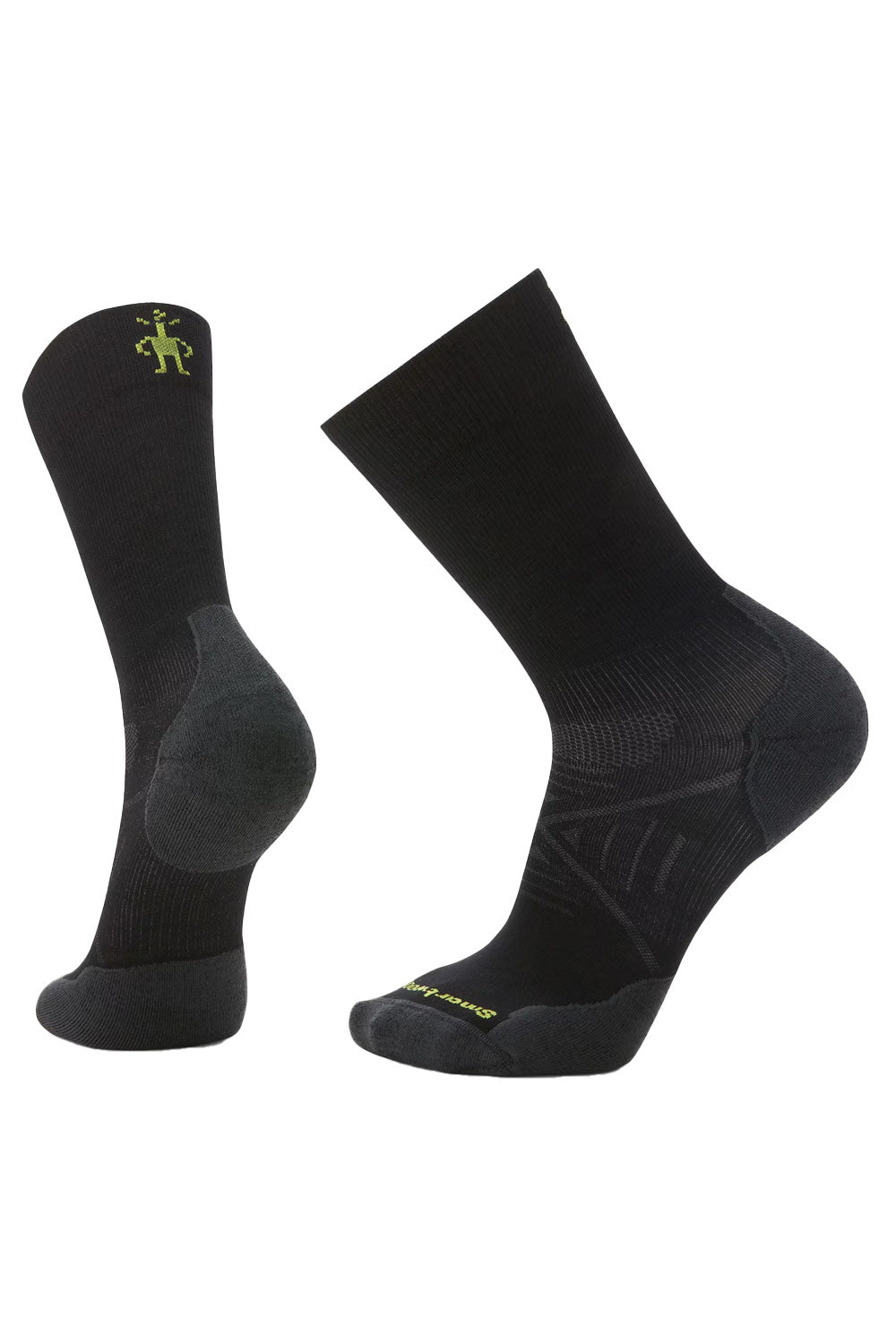 Pair of black socks with a small logo on a white background
