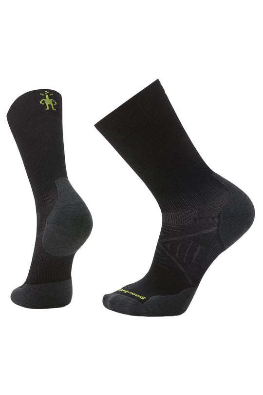 Pair of black socks with a small logo on a white background