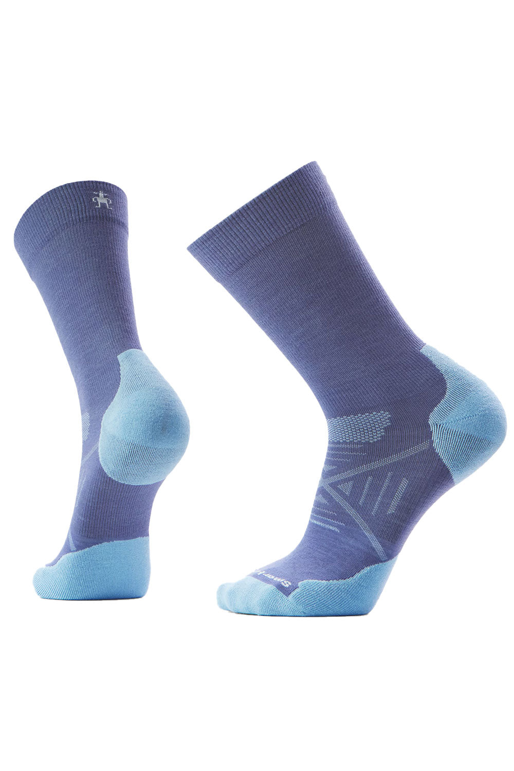 Pair of purple socks with blue accents on a white background