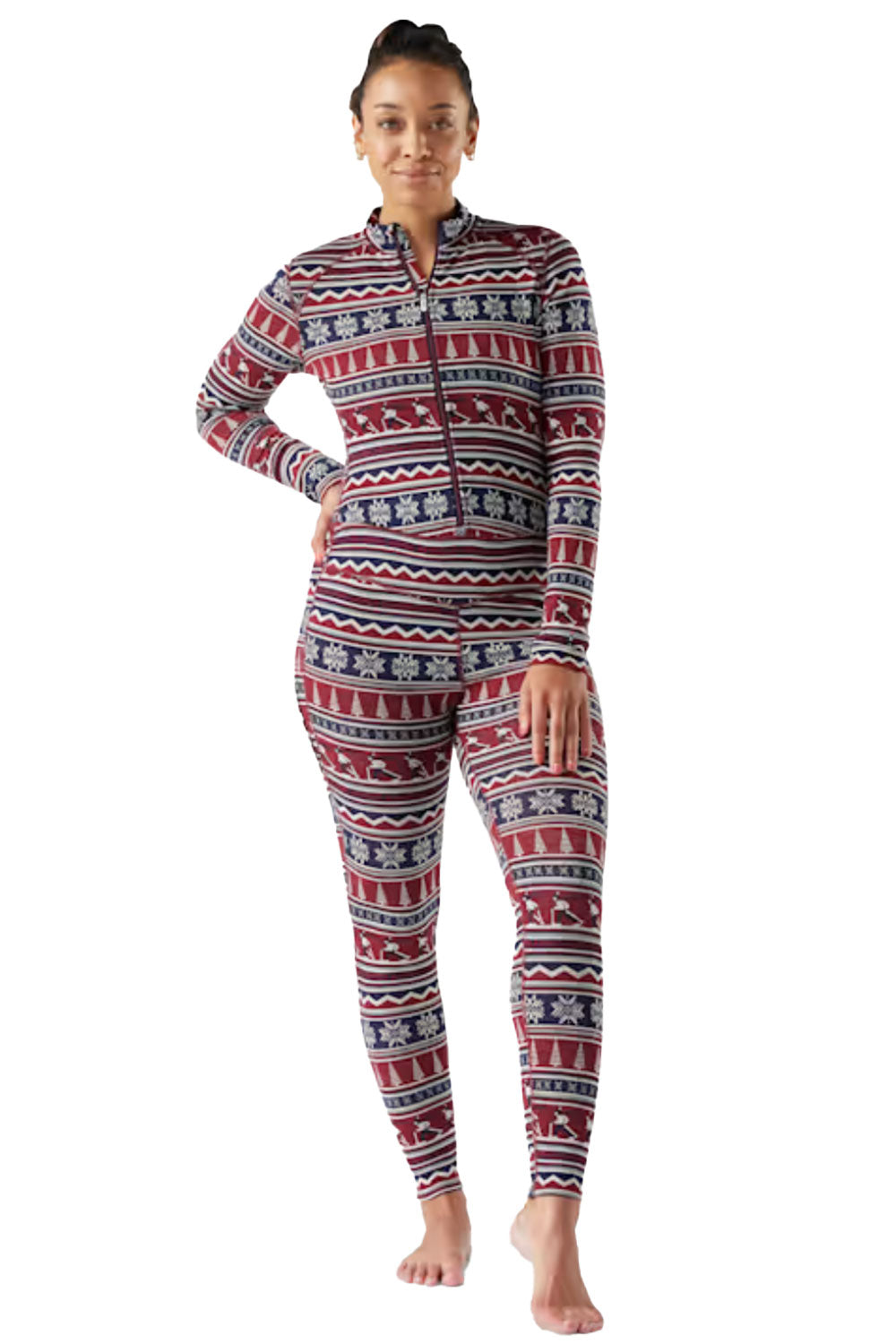 Person wearing a patterned onesie on a white background