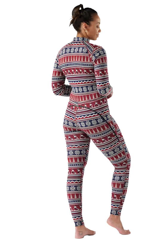 Person wearing a patterned onesie on a white background
