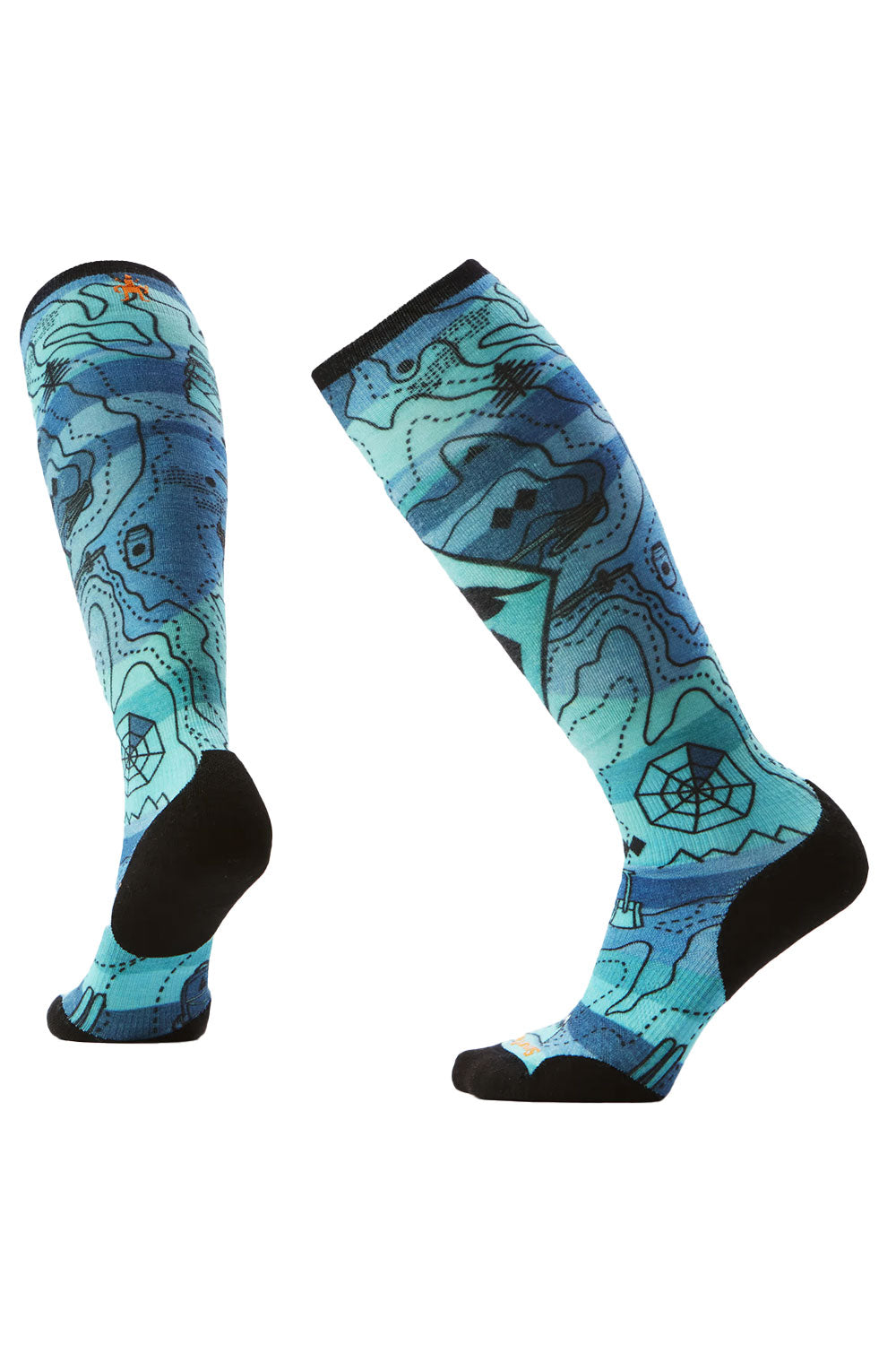 Pair of blue patterned socks with black accents on a white background