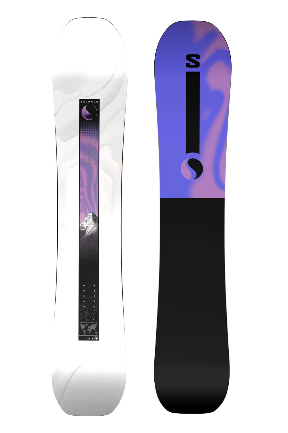 Snowboard with a purple and black design on a white background