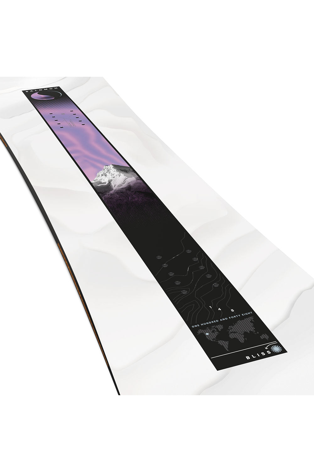 Snowboard with a mountain graphic on a white background
