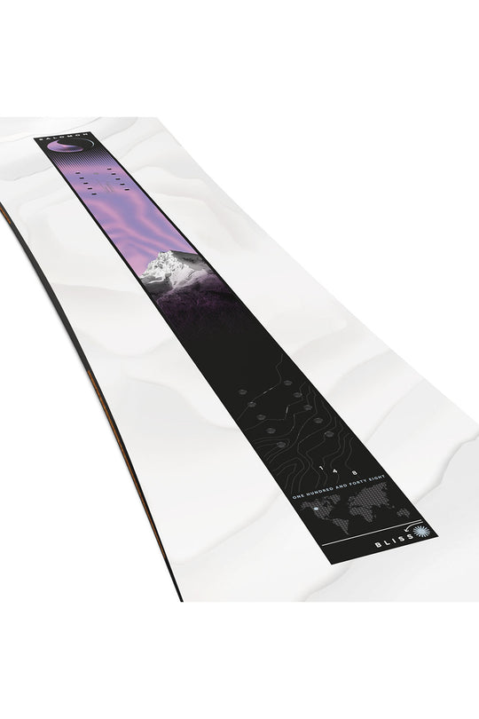 Snowboard with a mountain graphic on a white background