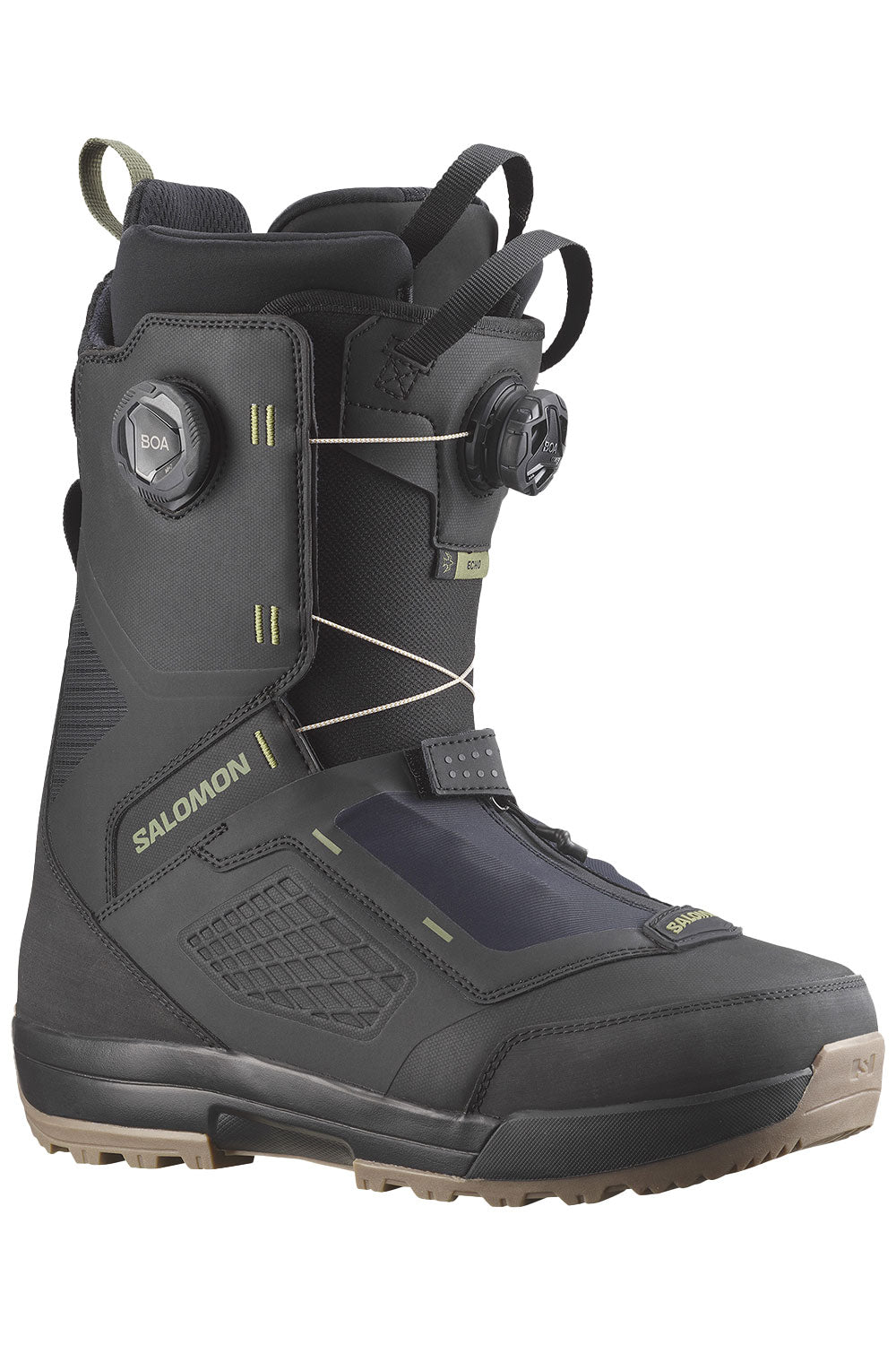 Black snowboard boot with visible branding on a white background