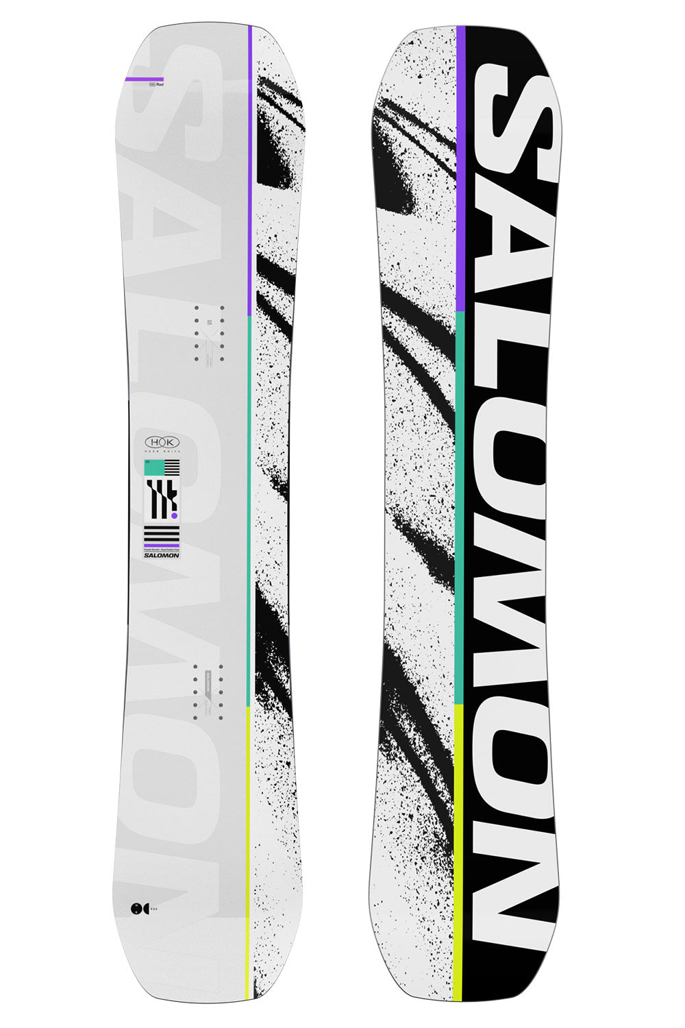 Two views of a Salomon snowboard on a white background