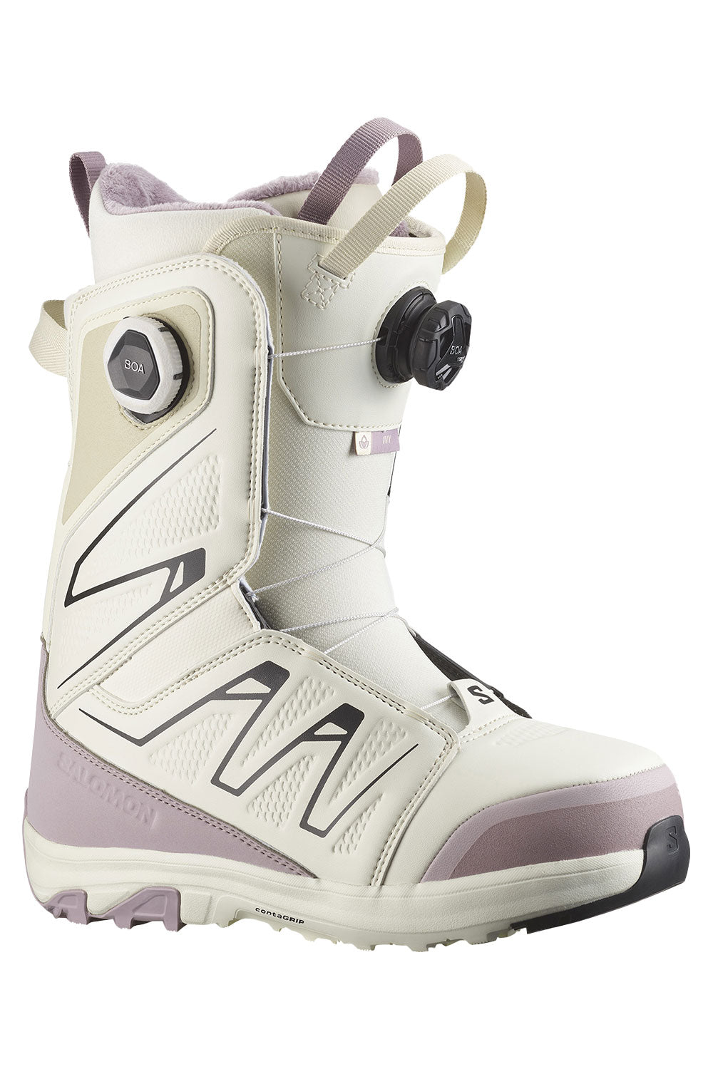 White snowboard boot with purple accents on a white background
