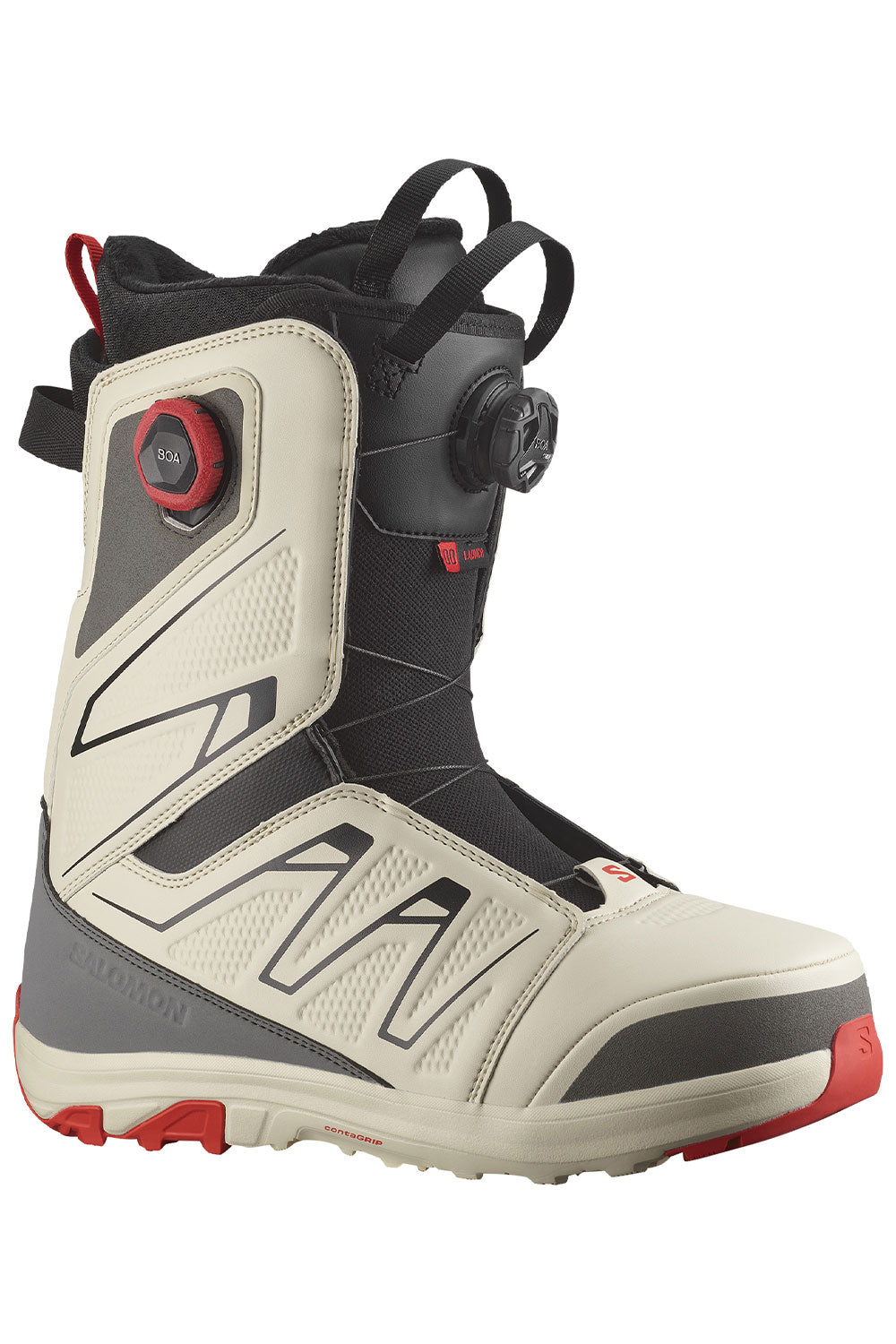 White and black snowboard boot with red accents on a white background