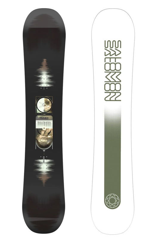 A snowboard shown from both sides against a white background. The left side shows the black top deck with a central graphic and the word 'SAHWMAN' printed vertically in olive green on the right side.