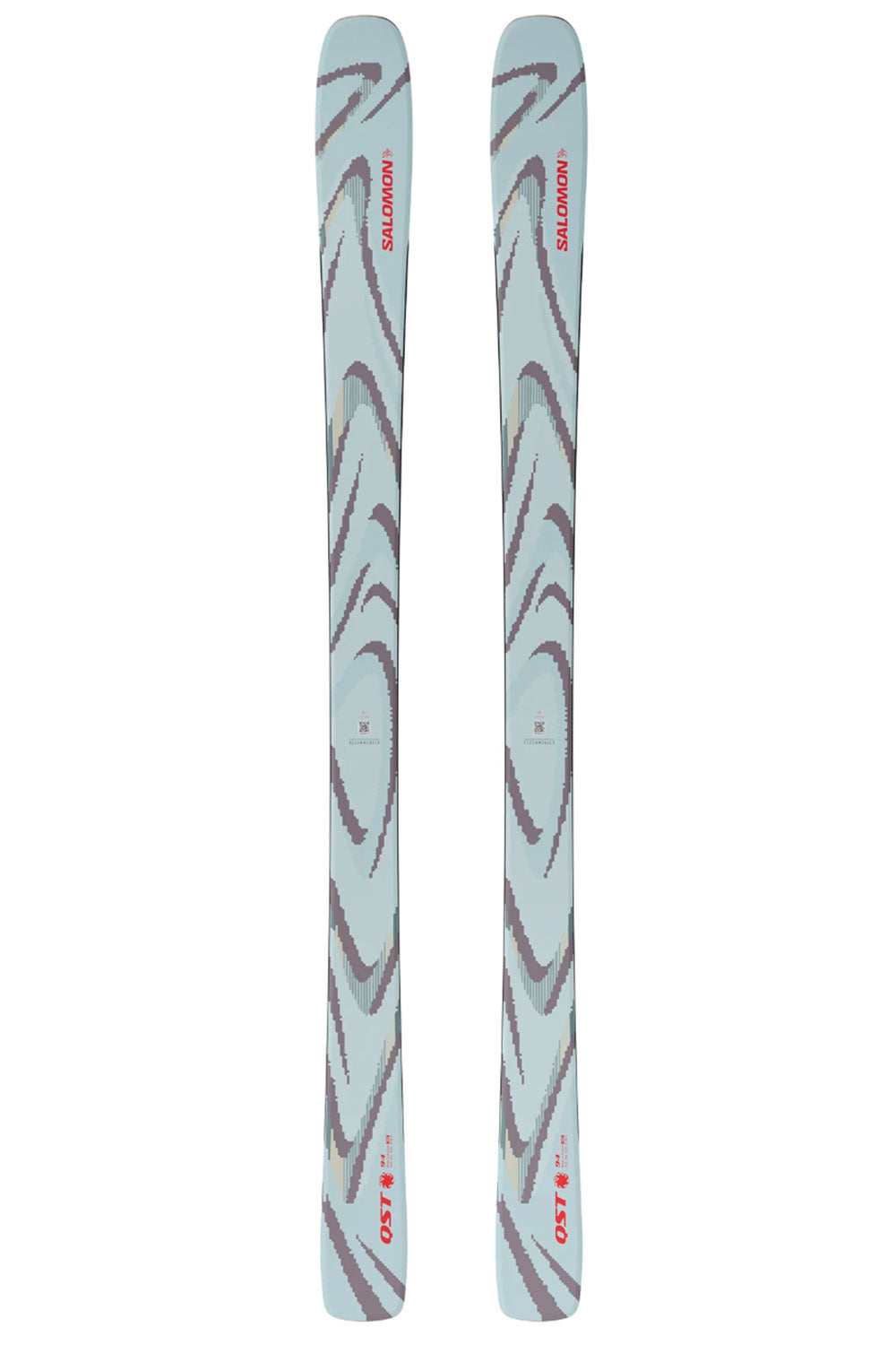 Two skis with a brand logo on a white background