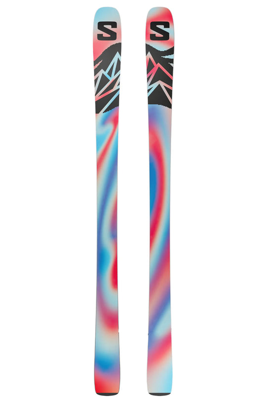 Colorful skis with a brand logo on a white background