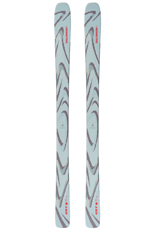 Two skis with a brand logo on a white background