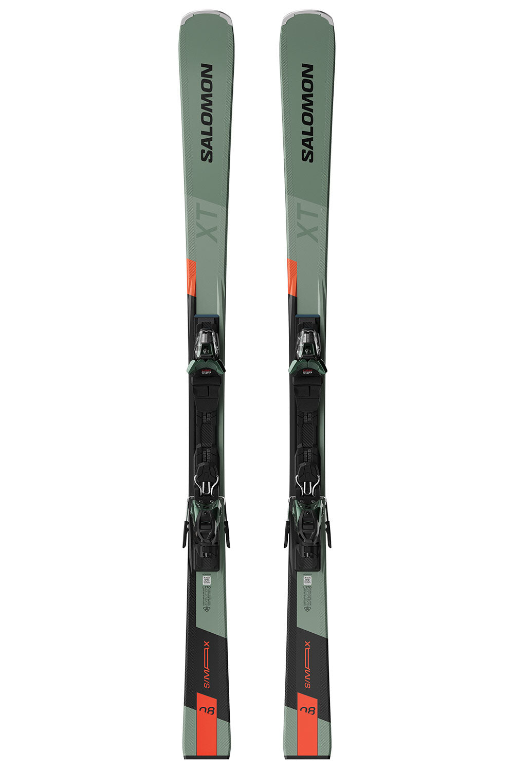 Pair of Salomon skis with bindings on a white background