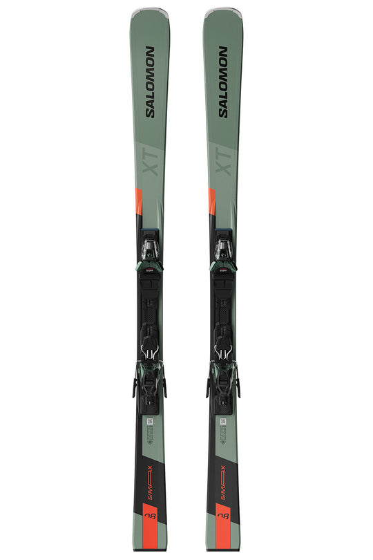 Pair of Salomon skis with bindings on a white background