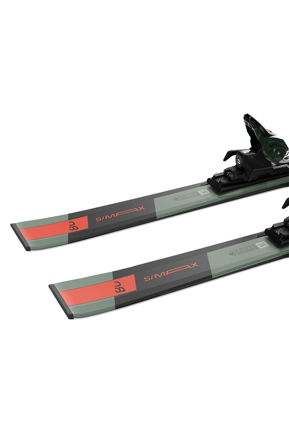 Two skis with bindings on a white background