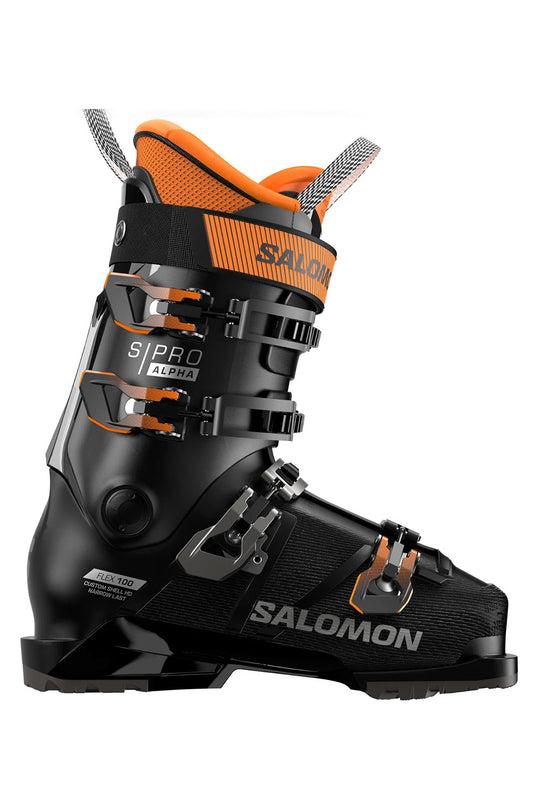 Black and orange Salomon ski boot on a white background