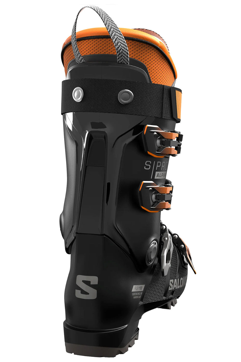 Black and orange ski boot with visible brand logo on a white background