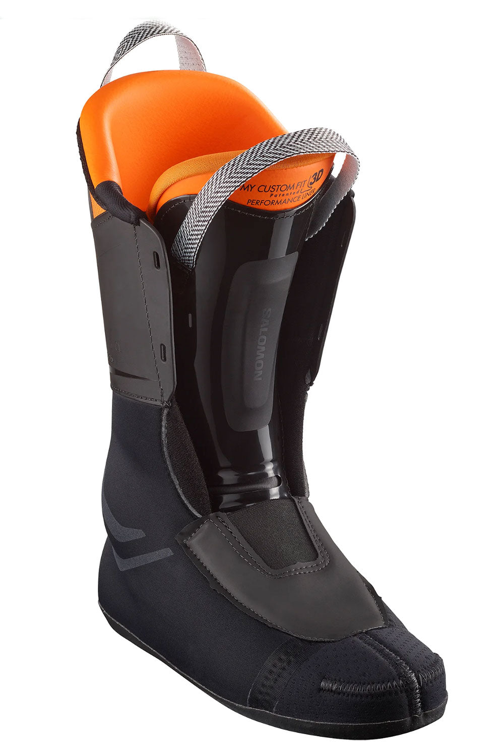 Black and orange ski boot liner on a white background