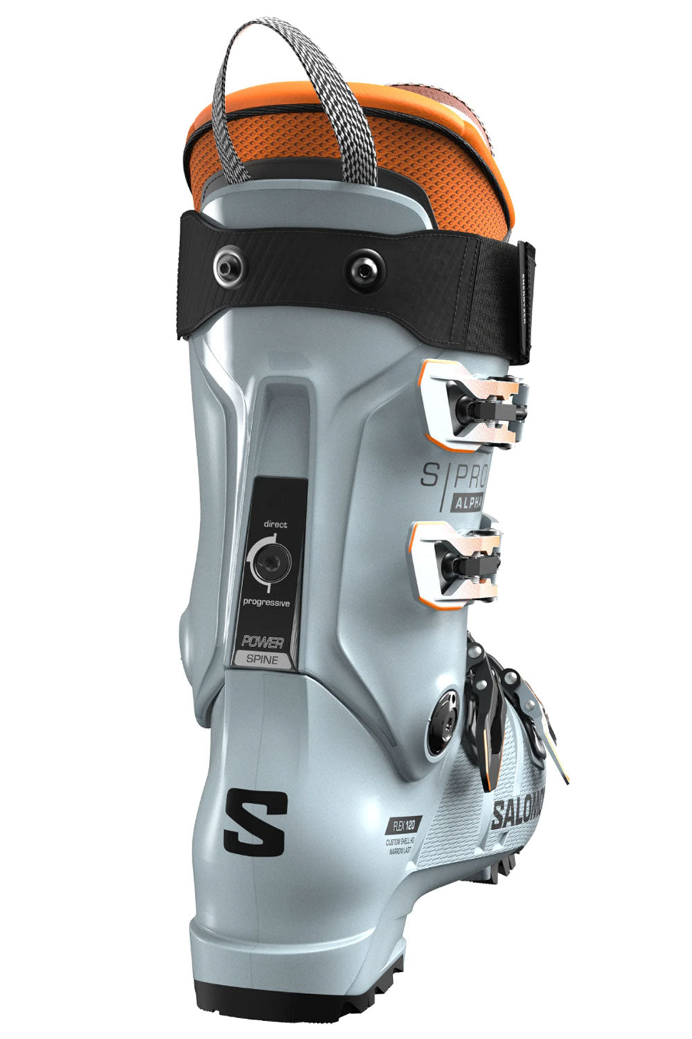 Silver ski boot with orange top on a white background
