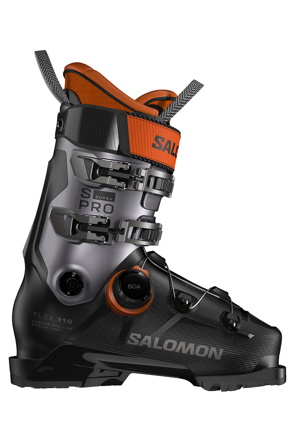 Salomon ski boot with black and orange design on a white background