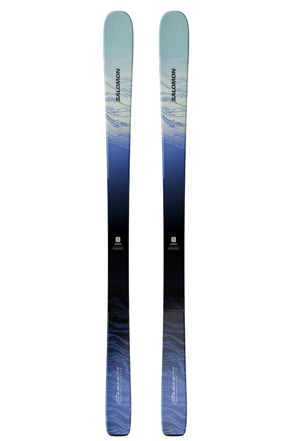 Two skis with a gradient blue and black design on a white background
