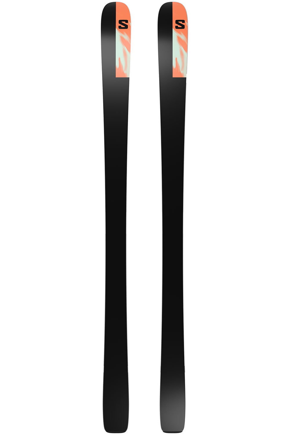 Pair of black skis with orange and white accents on a white background