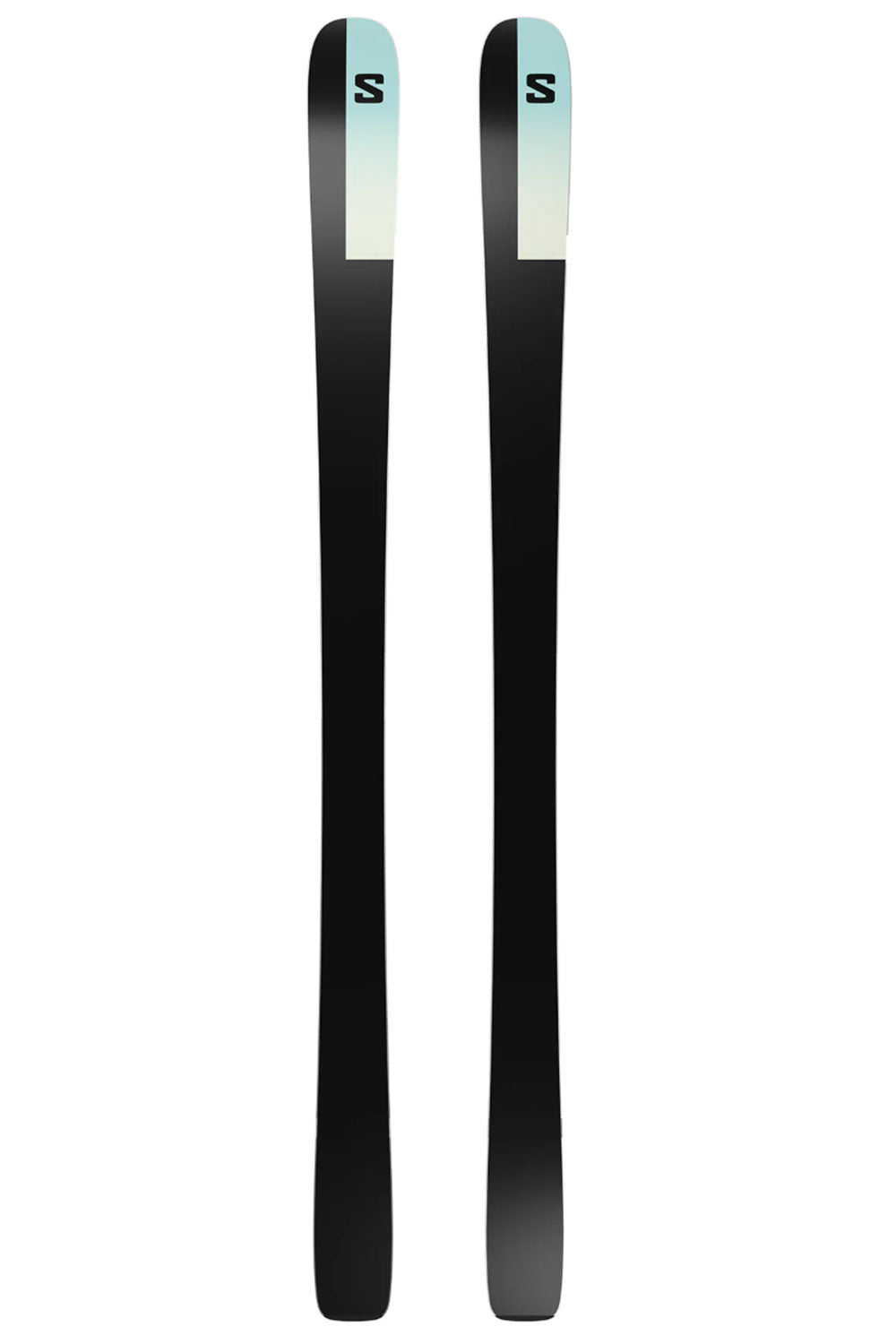 Two black skis with blue gradient tips on a white background