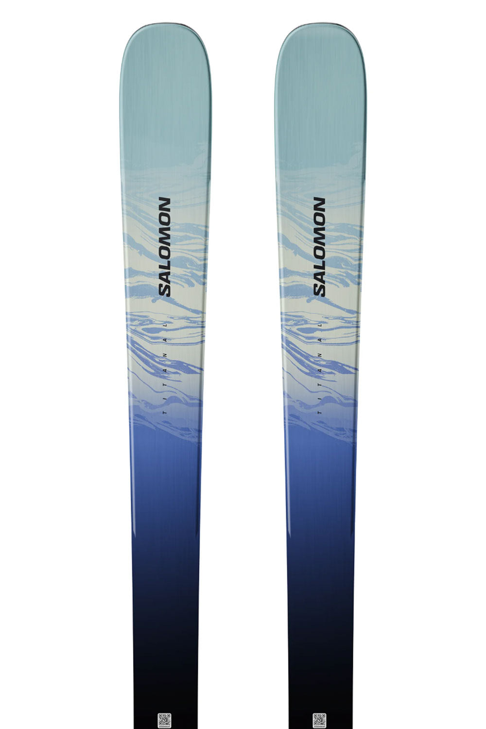 Pair of Salomon skis with a blue and gray gradient on a white background