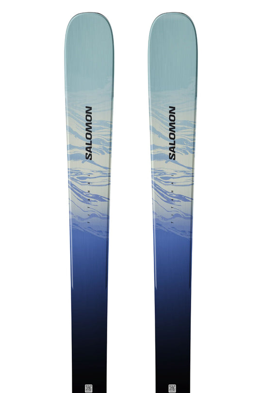 Pair of Salomon skis with a blue and gray gradient on a white background