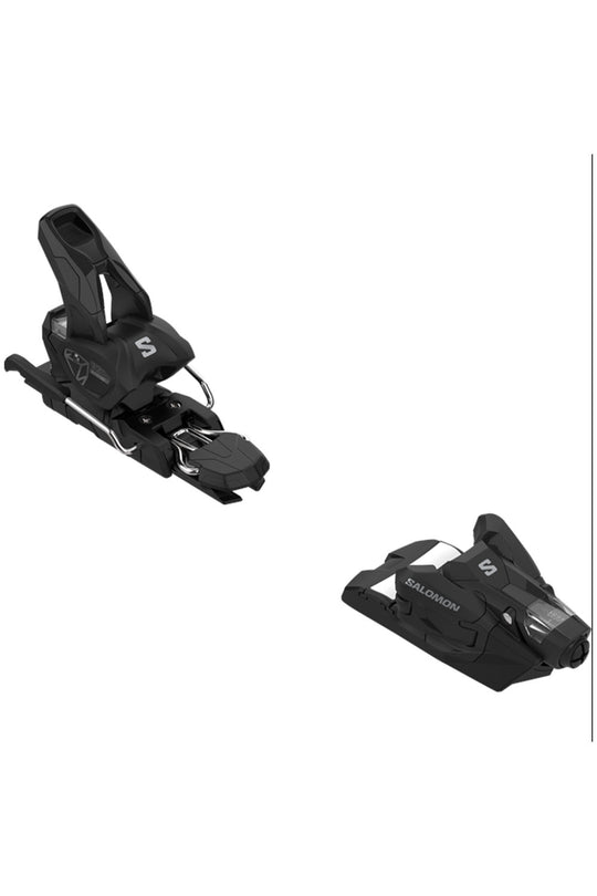 Two black ski bindings on a white background