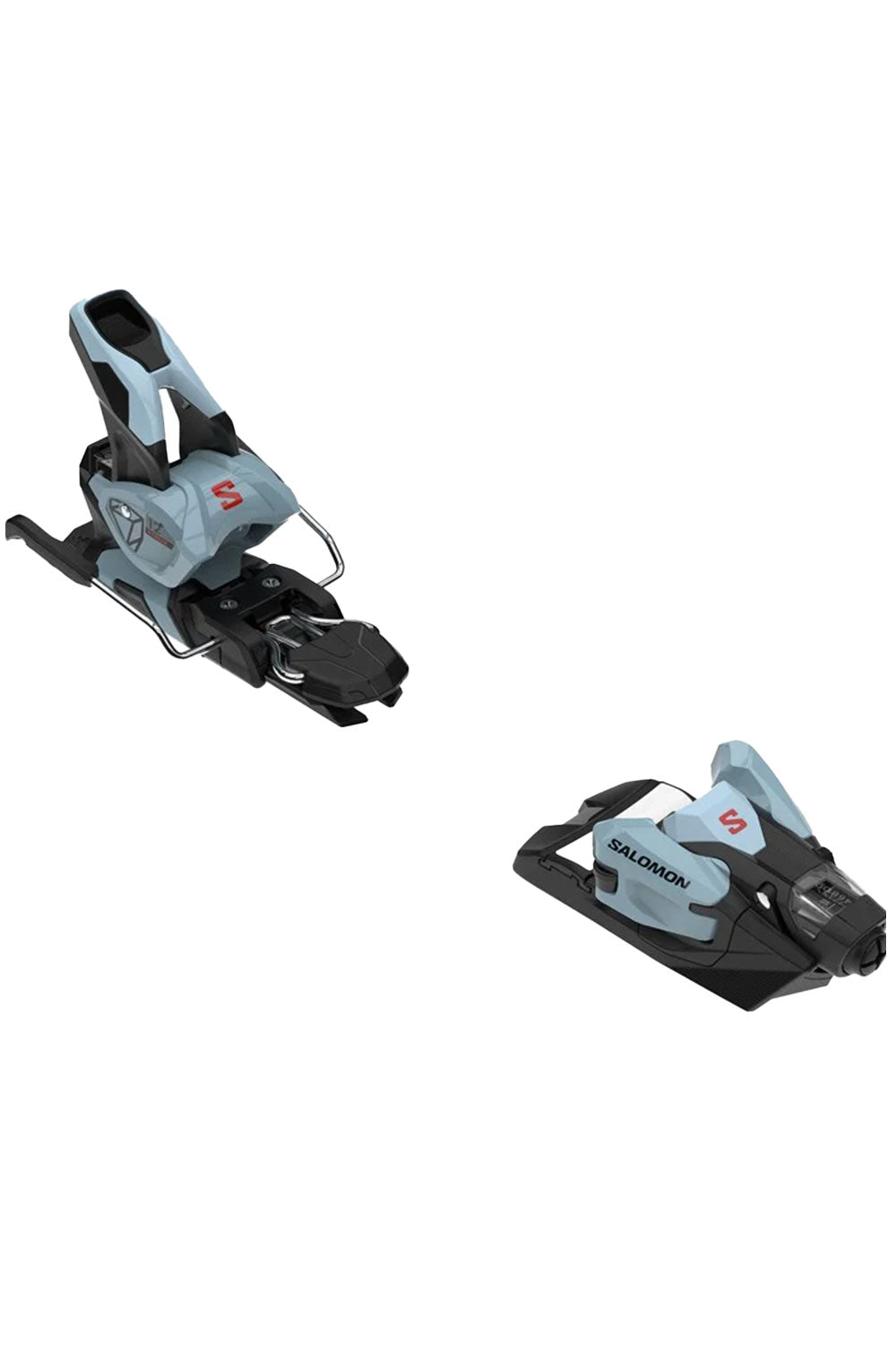 Two ski bindings on a white background