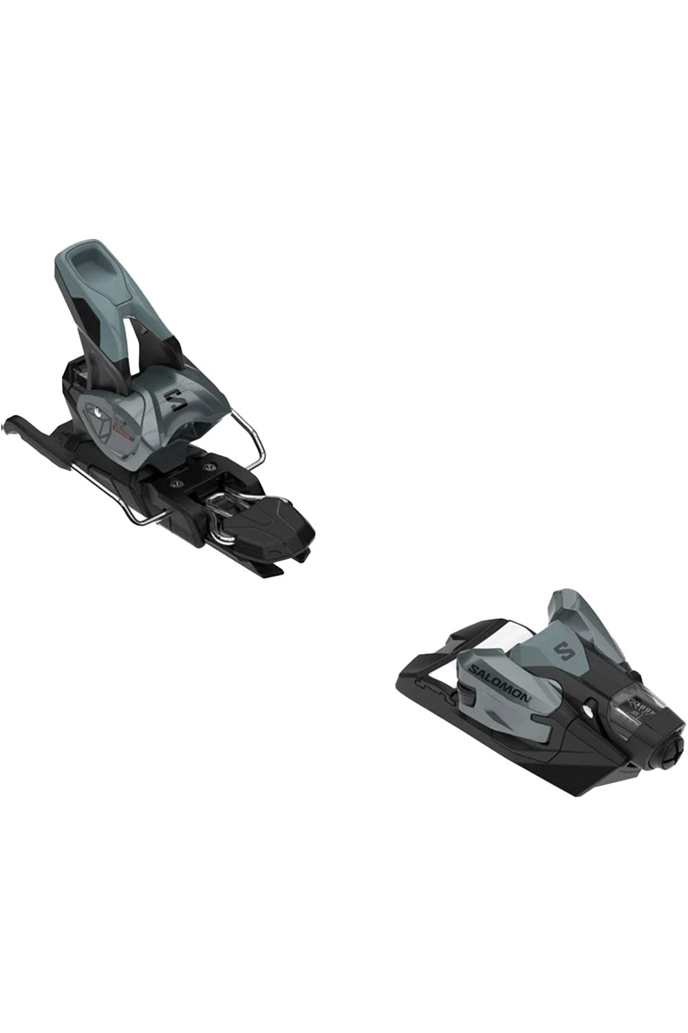 Pair of black and gray ski bindings on a white background