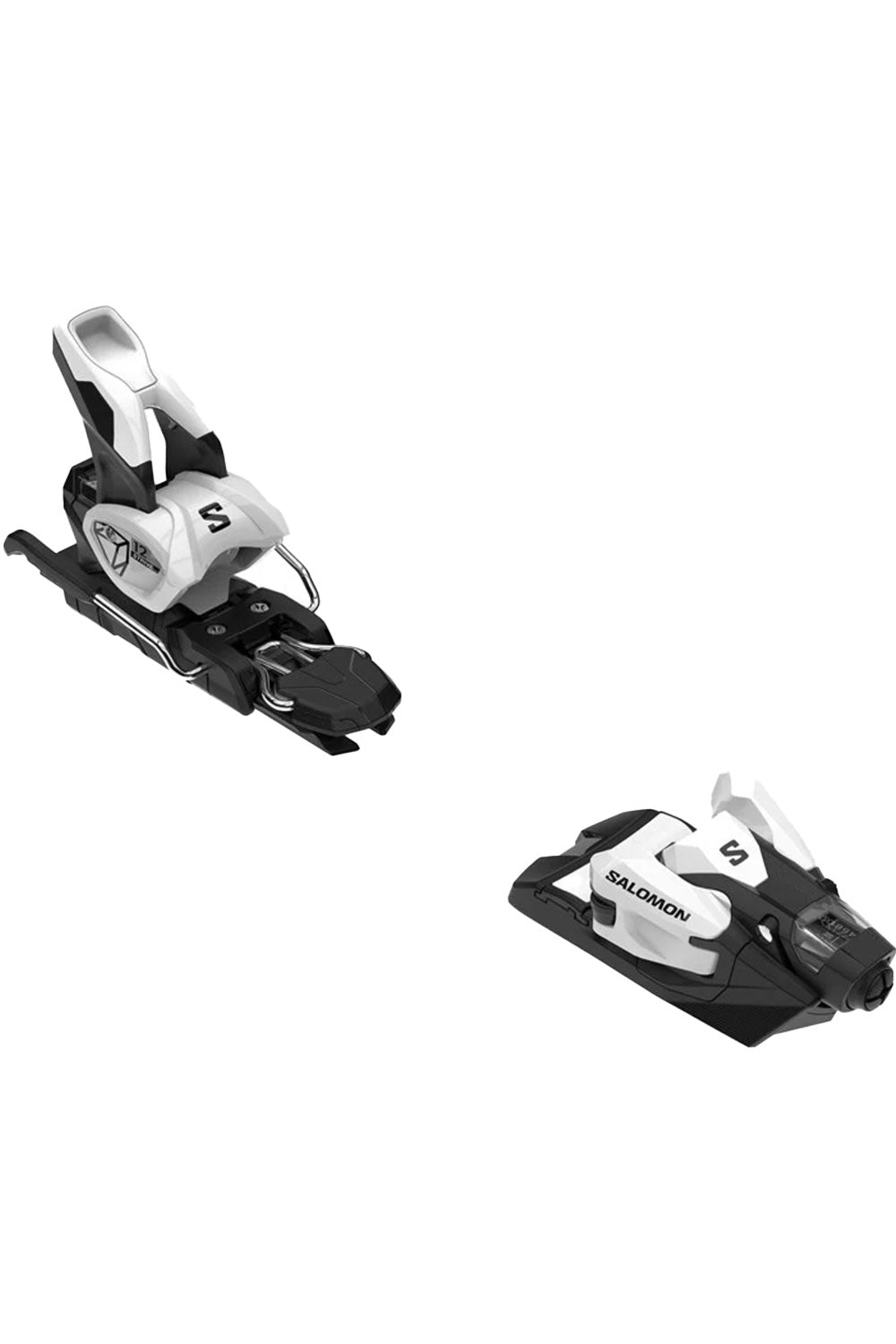 Pair of ski bindings with Salomon branding on a white background