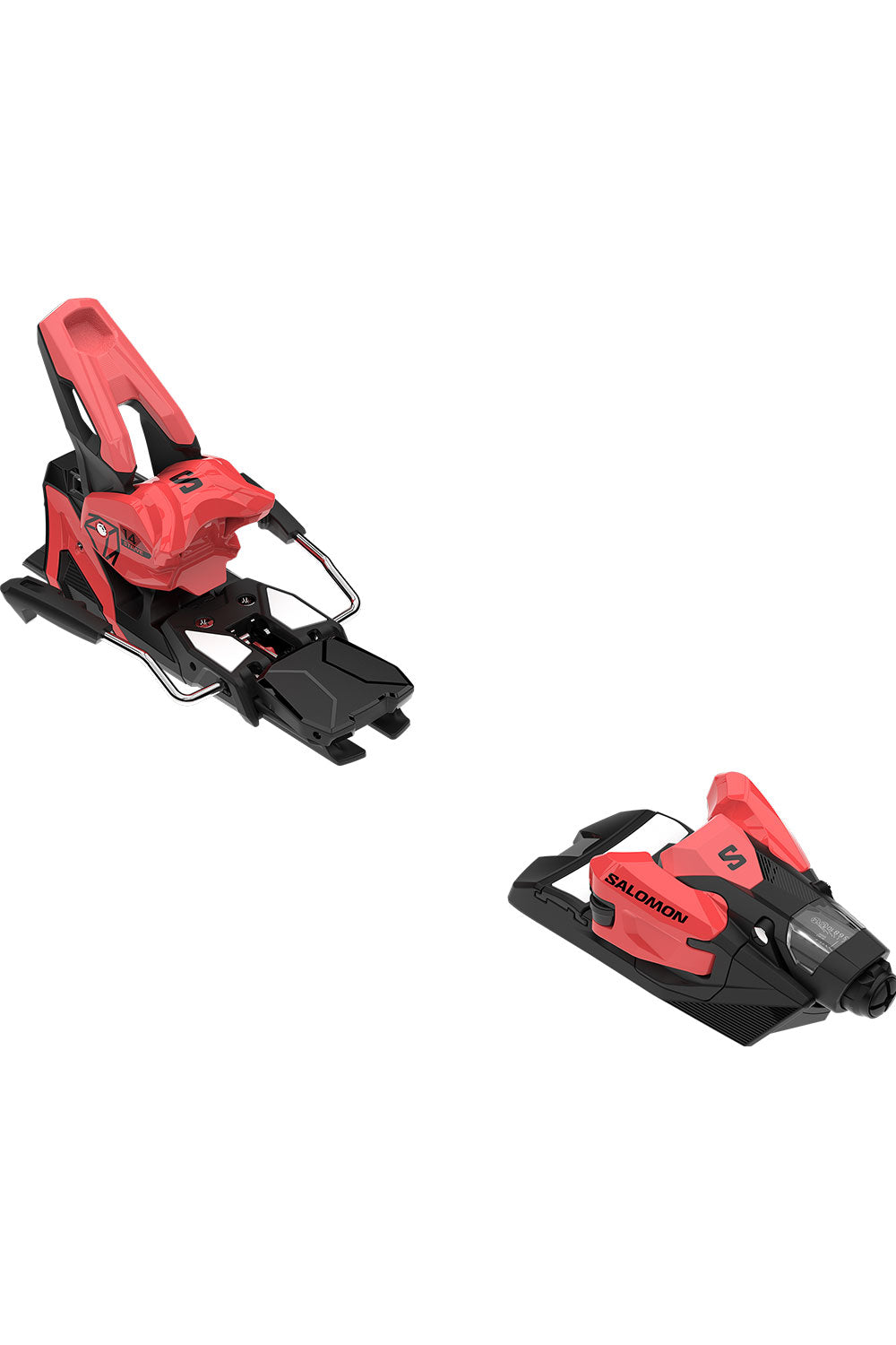 Red and black ski bindings on a white background