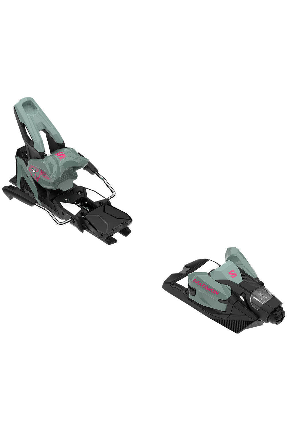 Pair of gray and black ski bindings on a white background