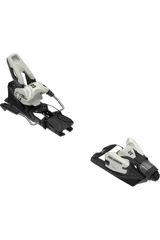 Pair of white and black ski bindings on a white background