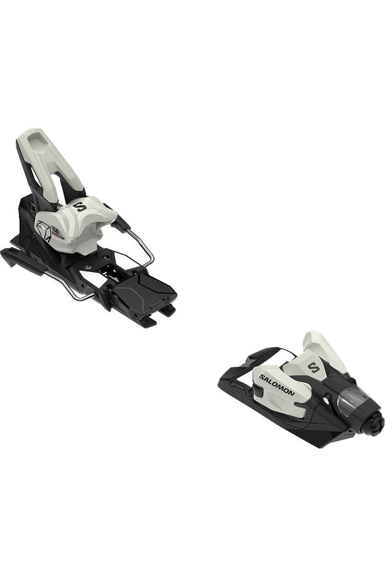 Pair of white and black ski bindings on a white background