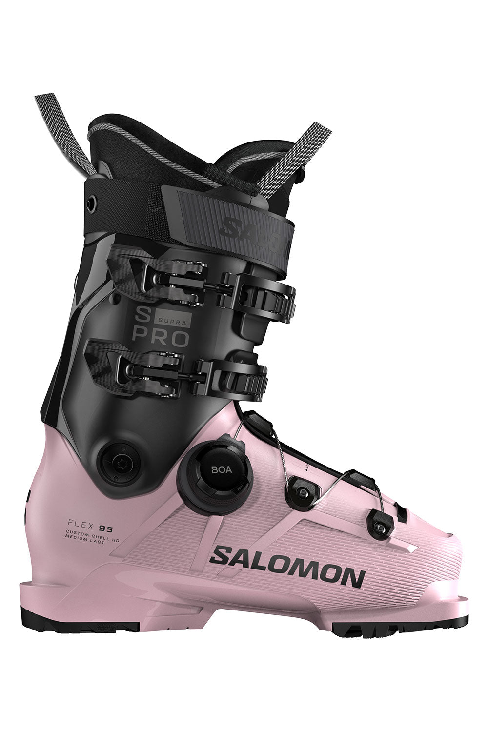 Salomon ski boot with pink and black design on a white background