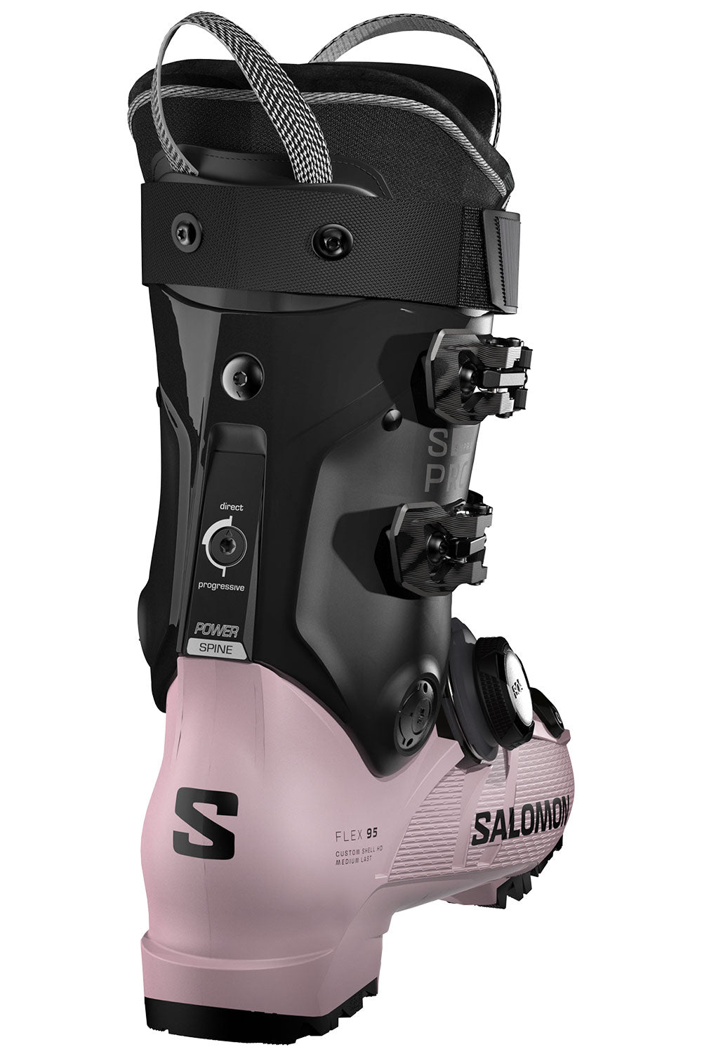 Salomon ski boot with black and pink design on a white background