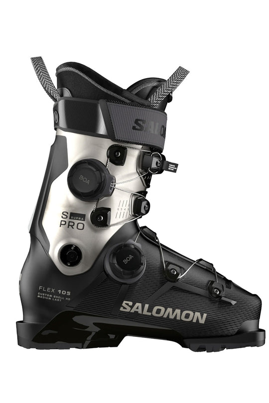 Black and silver Salomon ski boot on a white background