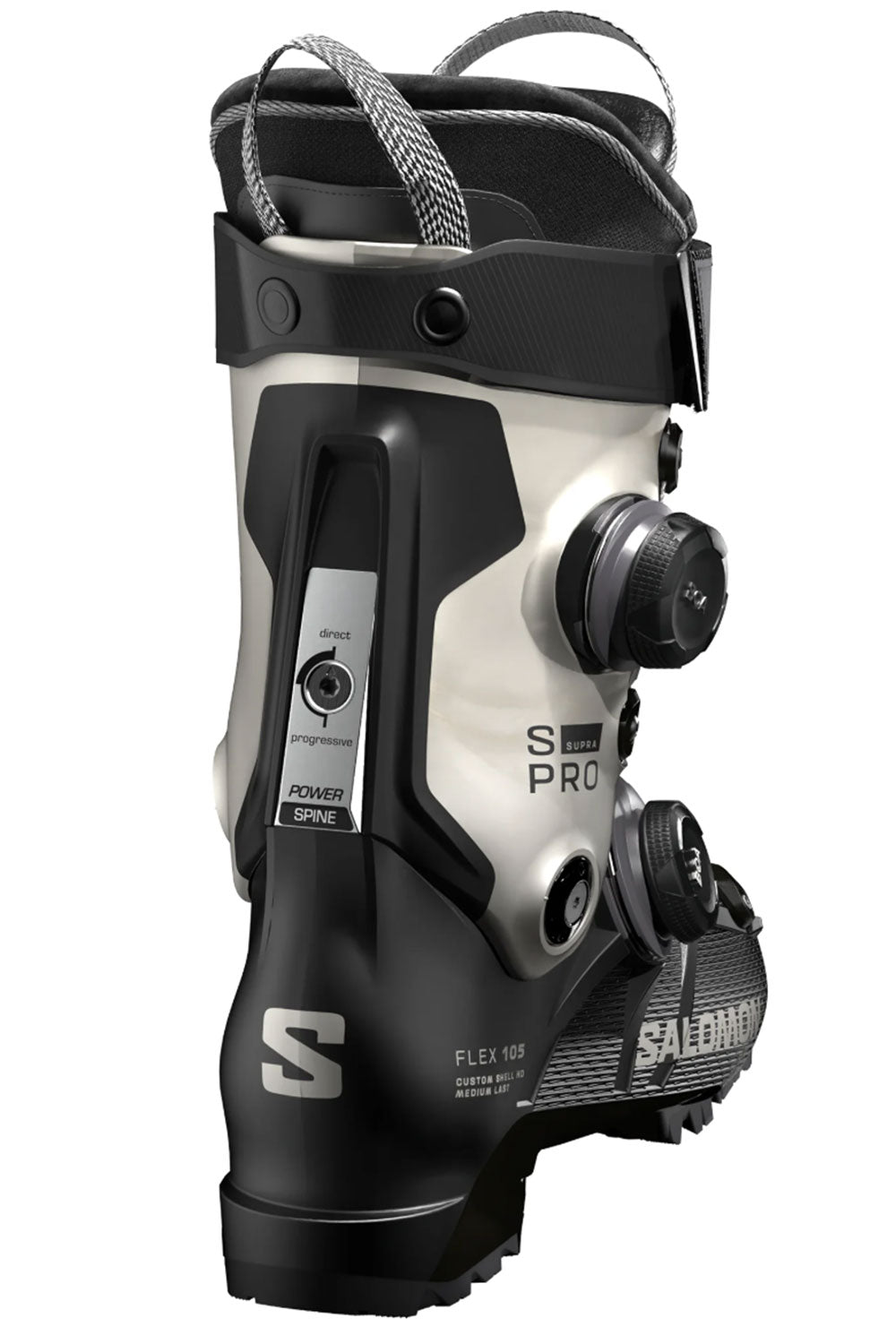 Black and white ski boot with visible branding on a white background