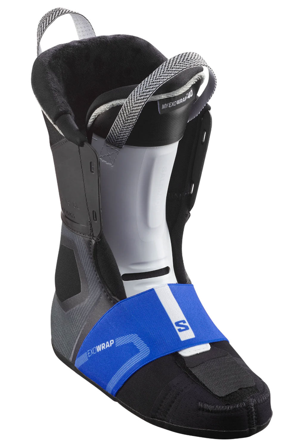 Black and gray ski boot with blue strap on a white background