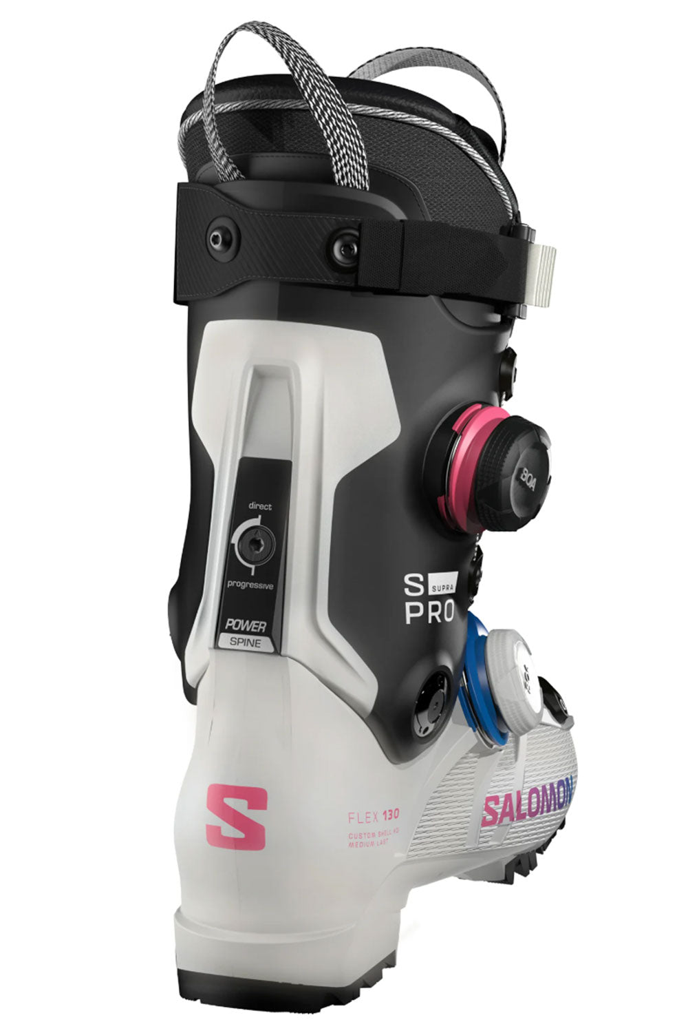 Salomon ski boot with white, black, and pink design on a white background