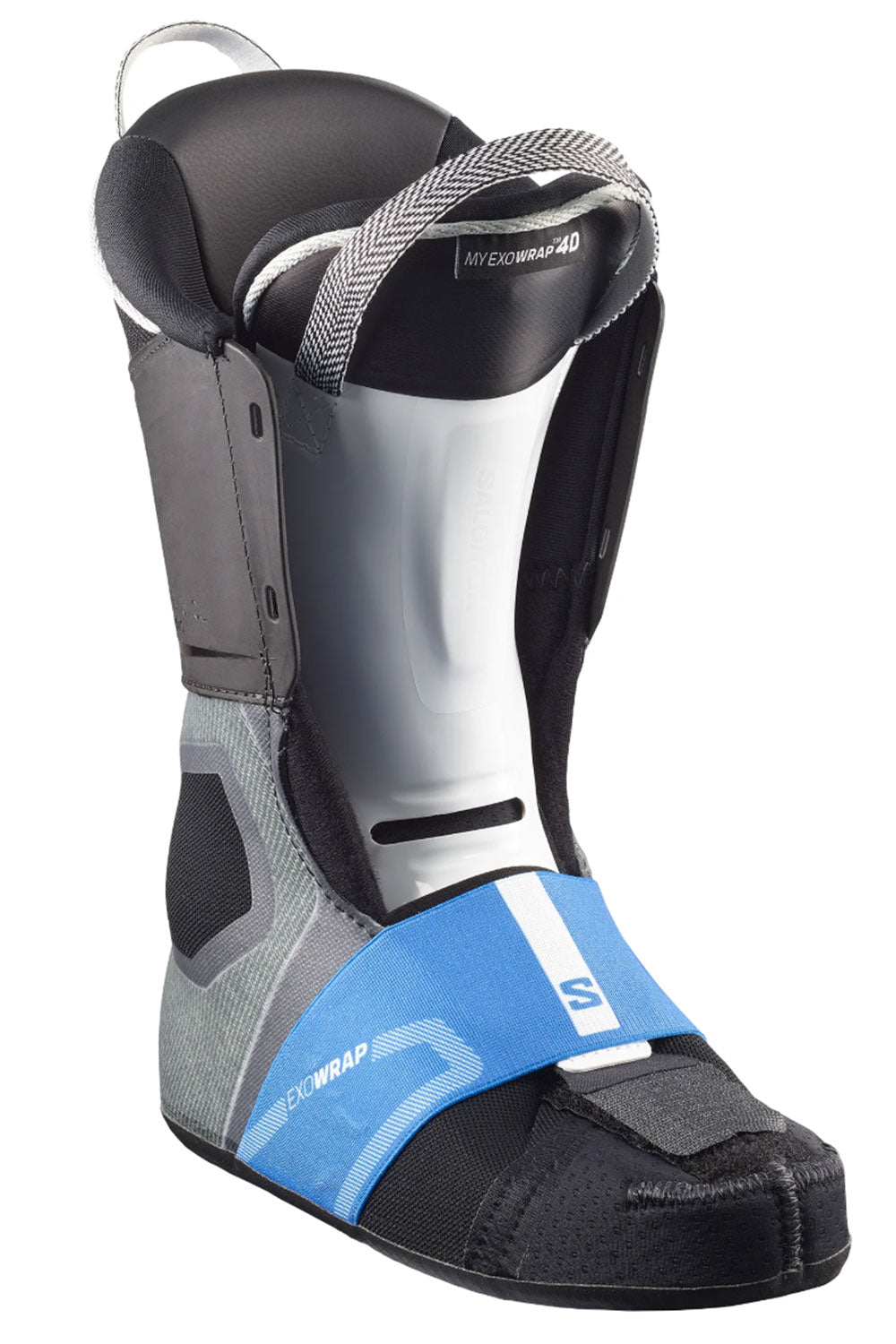 Black and gray ski boot liner with blue strap on a white background