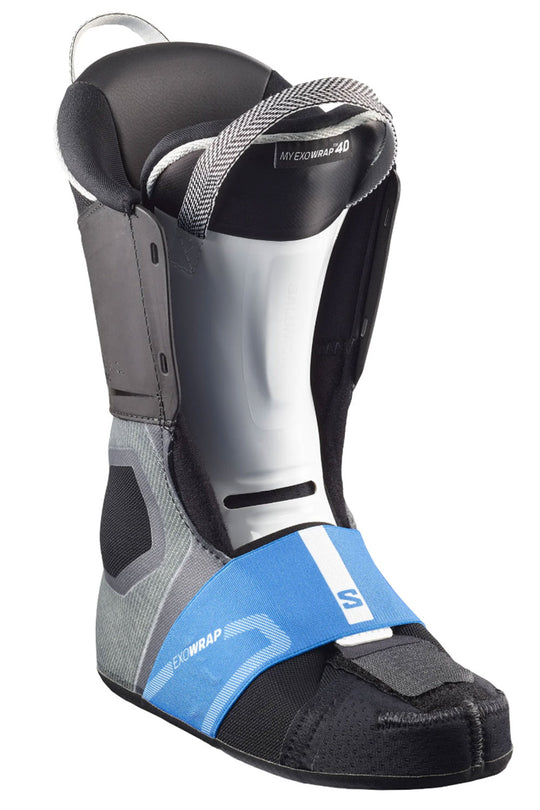Black and gray ski boot liner with blue strap on a white background
